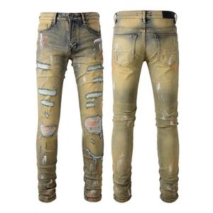 Rasgado Miri Jeans Masculinos Designer Jeans Joelho Skinny Tamanho 28-40 Motocicleta Na Moda Longo Buraco Reto High Street Calças Roxas Designer Denim 52