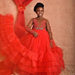 Coral Tier Layered Flower Girls Dresses Ball Long Sleeves Tulle Child Birthday Photography Gown Bead Kids Pageant Skirts