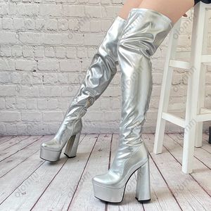 Olomm El Yapımı Kadınlar Kış Diz Botları Patent Blok Topuklu Yuvarlak Toe Kırmızı Gümüş Yeşil Cosplay Ayakkabıları Artı ABD Boyutu 4-14