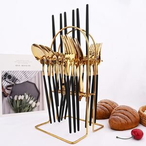 Dinnerware Sets 24pcs Black Gold Dinnerware Set Stainless Steel Cutlery Set Kitchen Fork Knife Spoon Tableware Set Flatware Set Silverware Set 230518