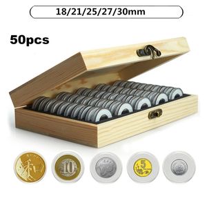 50pcs/pudełka etui na monety z piankową uszczelką drewnianą Organizator pudełka dla 18/21/25/27/30 mm obudowa zbiornika monet