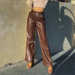 Capris Kadın Yüksek Bel Kahverengi Sahte Deri Pantolon 2021 Moda Sonbahar Kış Lady Pu gevşek düz pantolon zarif cep sokak kıyafetleri