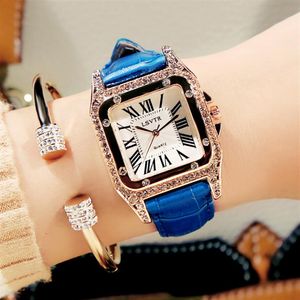 Vintage kvinnlig klocka Rhinestone Fashion Student Quartz Watches Real Leather Belt Square Diamond Inset Mineral Glass 7mm Thin Dial 274k