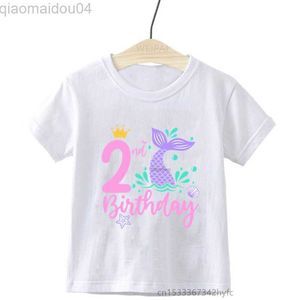 T-shirts Girls Mermaid Birthday Number Name 1-9 Cartoon T-shirt Kids Funny Birthday Present T-shirt Anpassad namn Nummer AA230518