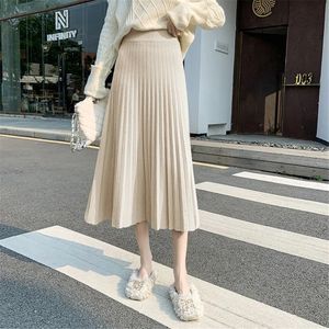 Spódnice Zimowe żeberka Rib dzianina duże maxi długie spódnice Eleganckie solidne A-line-line plisowana kostka Knit Midi spódnice czarny beż 230518