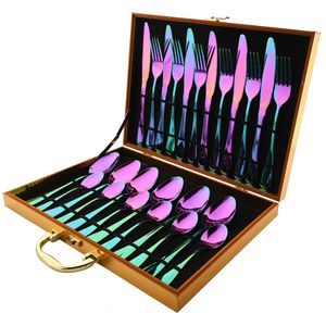 Zestawy naczyń obiadowych Zestaw naczyń tęczowych stali nierdzewnej 24pcs Nóż naczynia obiadowe Widelec Fork Cyfrowa łyżka Zestaw Western Dinner Flatware Pudowni