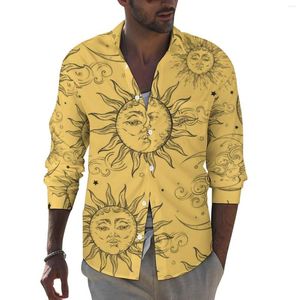 Men's Casual Shirts Vintage Celestial Sun Shirt Men Yellow Magic Moon Stars Autumn Streetwear Blouses Long Sleeve Loose Oversize Tops