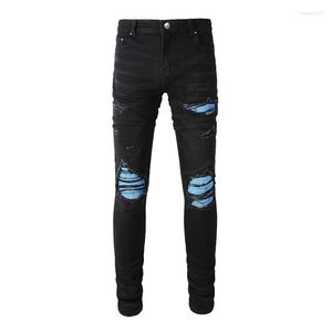 Jeans herrar svart streetwear nödställd mager hög stretch slips färg blå bandana lapptäcke förstörd smal passform