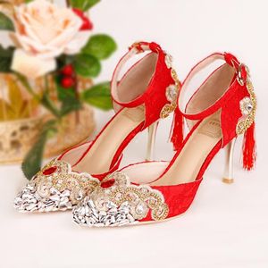 Scarpe eleganti Tacchi alti 9 cm Décolleté da donna rossi da sposa Décolleté in pizzo con cristalli dorati Cinturino alla caviglia Scarpe da sposa da donna