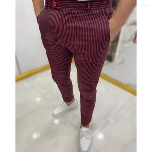 Erkekler için Pantolon Çizgili Pantolon Erkekler Moda Erkek Giysileri Şarap Kırmızı Kırmızı Kalem Klasik Retro Düğün Parti Resmi Takım