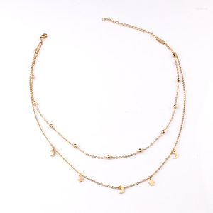 Pendant Necklaces Women Multilayer Stainless Steel Necklace Gold Silver Color Beads Moon Star Horn Crescent Double Chain Choker