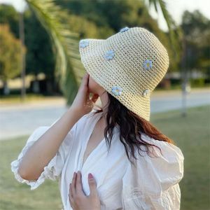 Breda randen hattar hink sommarsol wome halm virkning kvinnor vikbar panama cap uv boho blomma fiskesemester strand 230517