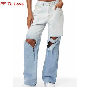 Jeans fp to love woman tasarlanmış yırtık kot 2021 Sonbahar Spring Street tarzı geniş bacak pantolon gevşek gradyan denim