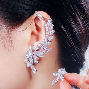 Stud CWWZircons Asymmetric Feather Shape Shiny Cubic Zirconia Long Big Ear Cuff Stud Earrings for Women Fashion Party Jewelry CZ626 230518