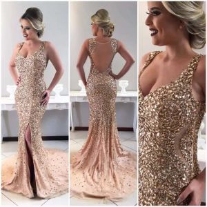 Gold Beading Rhinestone Dresses Mermaid Split Long Prom Gowns Women Evening Pageant Dress Custom Made