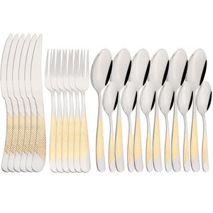 Dinnerware Sets Drmfiy Vintage Gold 24Pcs Dinnerware Set Stainless Steel Tableware Set Knife Fork Spoon Silverware Kitchen Colorful Cutlery Set 230518