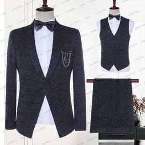 Men's Suits 2023 Dark Grey Velvet Suit For Men Custom Made Shawl Lapel 3Pcs Blazer Vest With Pants Fashion Wedding Tuxedos Groom Wear