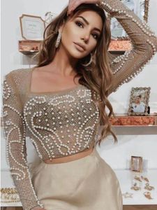 Camisetas femininas 2023 mulheres outono diamantes sexy diamantes malha de malha