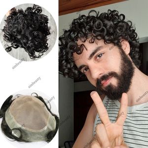 20mm Deep Curly Durable Mono System With Skin Pu Unit Toupee da uomo Capelli umani originali per uomini neri Parrucche per protesi di capelli maschili