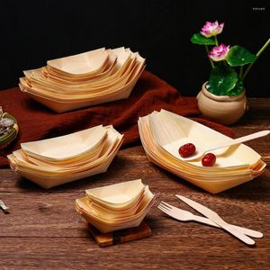 Plates 50Pcs Sushi Shushi Wood Boat Natural Bamboo Disposable Kayak Salad Dessert Pine Cake Snack Bowl Mat Plate Tray