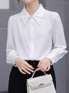 Women's Blouses Satin Button Up White Shirts Women Turn-Down Collar Long Sleeve Blouse Office Ladies Formal Female 2023 Tops