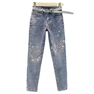 Jeans 2021 Bahar Sonbahar Ağır Endüstri Sıcak Rhinestone Skinny Jeans Kadın Elastik Yüksek Bel Dokuz Puan Pantolon Kadın Denim Tulum