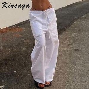 Capris bianco Y2k gamba larga pantaloni cargo larghi con coulisse tasca vintage vita bassa pantaloni sportivi gamba larga donna hippie jogger pantaloni sottili anni '90