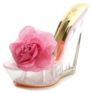 Sandálias feitas à mão 3d Big Flower Super High Heels Mulheres 14 cm Plataforma transparente sandalias sexy floral perspex sandale femme y944