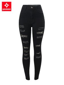 Calças de brim 2660 youaxon preto streetwear cintura alta rasgado jeans magros mulher calças jeans elásticas para roupas femininas