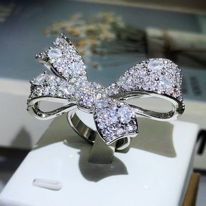 Bröllopsringar Fashion Big Bow White Zircon Ring Ladies 925 Stamp Party Anniversary Jewelry Gift 230517