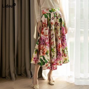 Kjolar elegant mode a-line lös blommig tryck kjol koreansk vintage kvinnlig hög midja veckad kjol sommartrend kvinnor kläder 230518
