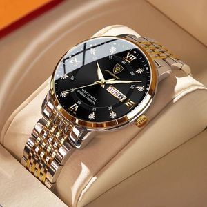 Wristwatches Men Quartz Watch Stainless Steel Top Quailty Luxury Push Button Hidden Clasp Waterproof Luminous Date Week Sport Wrist Watches 230517