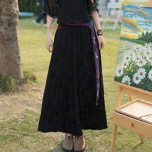 エスニック服2023中国の伝統的なハラジュクビンテージフラワー刺繍パンツ女性ワイドレッグズボン国立綿リネンストレート