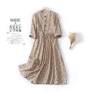 Dress 2023 New Stand Collar Thin Light Soft Cotton Fashion Women Casual Summer Dress Print Floral Draw String Office Lady Work Dress