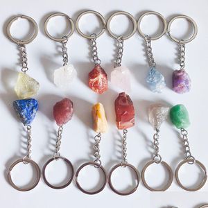 Keychains Lanyards Natural Ore Keychain Gem Quartz Fluorit Citrin Amethyst Irregar Stone Pendants Charms Keyring Drop de Dhgarden Dhics