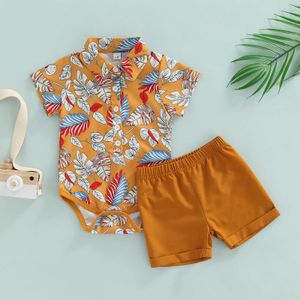 Conjuntos de roupas 0-24m infantil bebê meninos terno casual manga curta folhas impressas tops e calças curtas de cor sólida