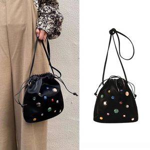 Candy Color Rhinestones Evening Bags Fashion Mini Bundle Mouth Bucket Bag Drawstring One Shoulder Crossbody Bags