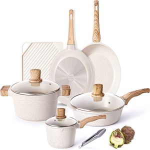 10 Pieces Pots and Pans Non Stick Pan White Pot Sets Non Stick Cookware Sets w Grill Pan