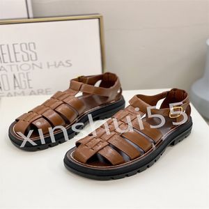 Premium designer genuine leather dress shoes comfortable Retro stitched hardware round buckle beach Roman shoes