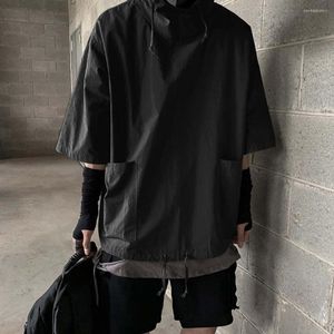 Men's T Shirts Techwear Men Hooded T-Shirt Pullover Top Vintage Multi Pockets Cargo Loose Man Half Short Sleeves Tee Jacket