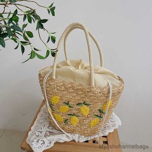 Stuff Sacks Summer Women's Hand-woven Straw Bag Fashion Lemon Embroidery Handbag Female Holiday Travel Beach Large Capacity Tote Bag