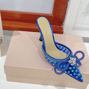 Tasarımcı Sandallar Mach Stiletto Heels Kadın Ayakkabı Bow Pompalar Kristal Rhinestone Ayak Bileği Kayışı Süper Yüksek Topuk Saten Gerçek İpek Koyun Dinili INSOL KURUKLARI EU35-42 Kutu