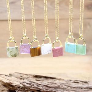 Pendant Necklaces Gold Chains Natural Stone Lock Healing Reiki Crystal Labradorite Amethysts Obsidian Padlock Necklace Boho Jewelry QC3272Pe