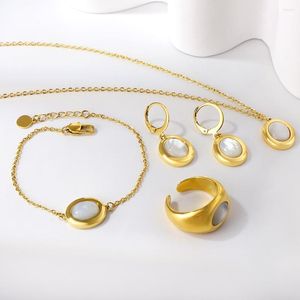 Necklace Earrings Set Stainless Steel Jewelry Gold Color Oval With White Shells Of Necklaces And For Women Rings Bracelets Sets