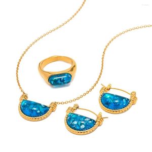 Necklace Earrings Set Youthway Blue Resin Scalloped Basket Pendant Ring Trendy Fashion Waterproof Jewelry Chic Party Gift