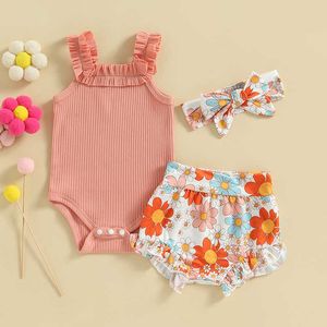 Conjuntos de roupas para bebês recém-nascidos, conjuntos de roupas de verão sem mangas, tops e flores, shorts e faixa de cabeça para bebês de 0 a 18 meses