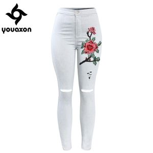 Jeans 2112 Youaxon Hohe Taille zerrissene Knie Blumenjeans mit Stickerei Frau Dehnsame Jeanshosen Hosen für Frauen Röhrenjeans