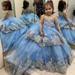 Tiere Flower Girls Shiny Dresses for Wedding Long Sleeve Sliver Lace Appliques Ball Gown Infant Communion Dress Kids Party Gowns s