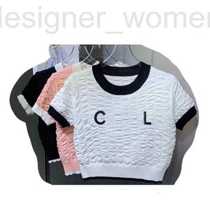 女性用Tシャツデザイナー2023春/夏Tシャツ新しいバブルフォールド小さなフレグランスコントラストラウンドネックショートスリーブチェストレタートレンディートップス-L 6B5D