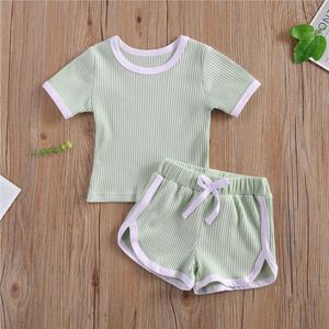 Conjuntos de roupas para bebês de 0 a 3 anos, meninos e meninas, conjuntos de roupas de verão de malha, gola redonda, camisetas, tops e shorts, calças casuais de algodão, roupas de treino